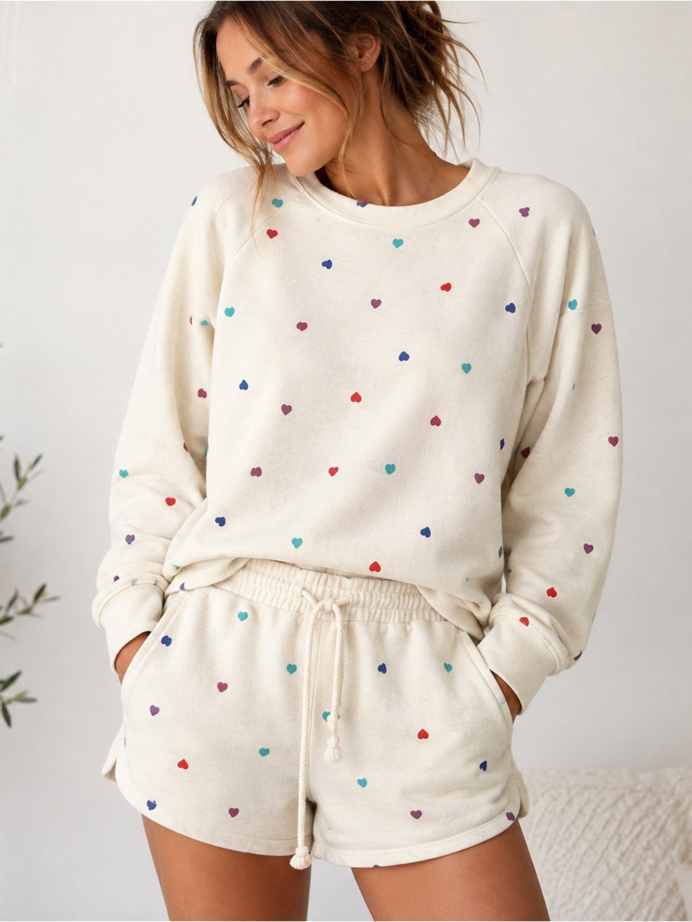 Wildfox Heart Print Sweatshirt Shorts Matching Lounge Set Women’s M